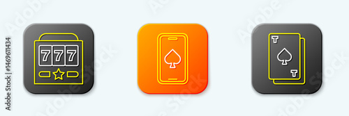 Set line Slot machine with jackpot, Online poker table game and Playing card spades icon. Vector