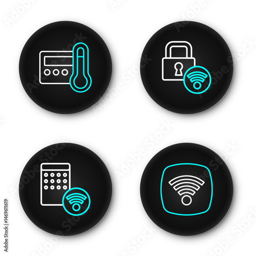 Set line Wi-Fi wireless internet network, Air humidifier, Digital door lock and Thermostat icon. Vector