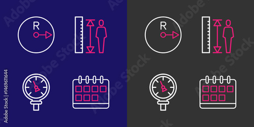 Set line Calendar, Pressure water meter, Measuring height body and Radius icon. Vector