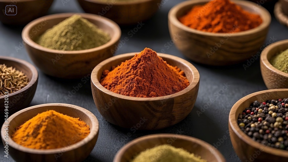 Wooden bowls brimming with colorful spices Wooden bowls brimming with colorful spices