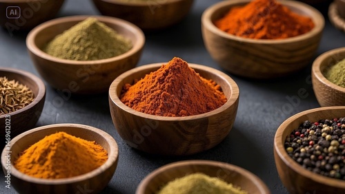 Wooden bowls brimming with colorful spices photo