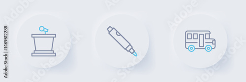 Set line School Bus, Marker pen and Stage stand icon. Vector