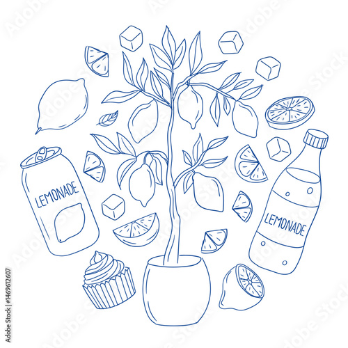 Lemonade-themed illustration featuring fruits, drinks, and dessert in a playful arrangement