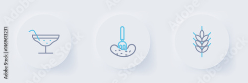 Set line Hop, Pickled cucumber on a fork and Cocktail icon. Vector