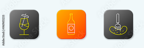 Set line Cocktail, Beer bottle and Pickled cucumber on fork icon. Vector