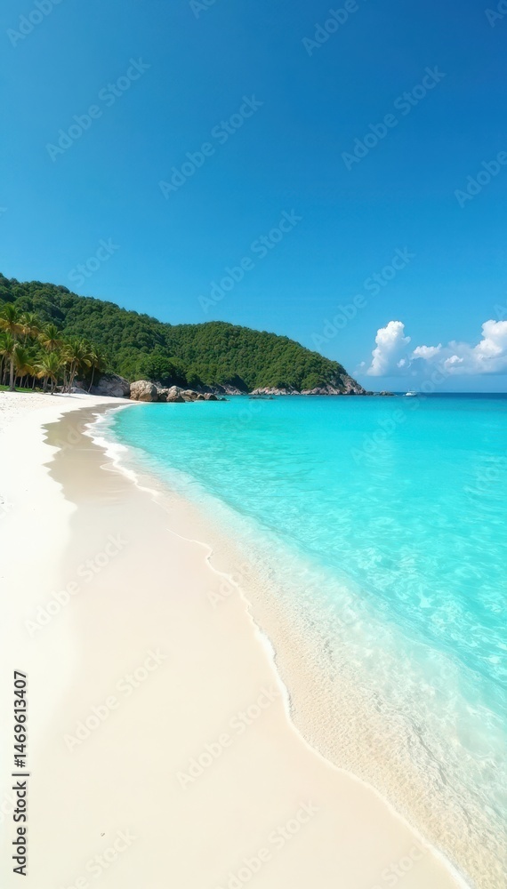 Soft white sand, clear blue sea, distant green island, sky, tropical Soft white sand, clear blue sea, distant green island, sky, tropical