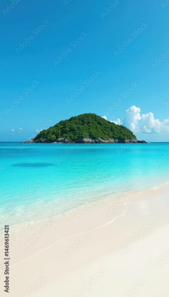 Fototapeta premium Soft white sand, clear blue sea, distant green island, idyllic, getaway, view
