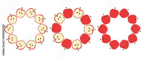 Colorful apple design arranged in a circle with sliced and whole fruits for a creative layout