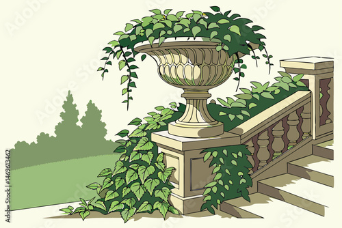 59 highly detailed, photo-realistic, award-winning photograph of a lush, overflowing garden planter filled with vibrant green plants and vines cascading over the edges, in an elegant, ornate stone urn