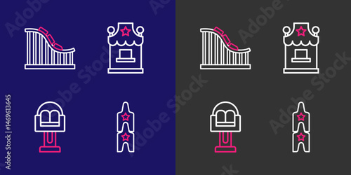 Set line Boat swing, Attraction carousel, Ticket box office and Roller coaster icon. Vector