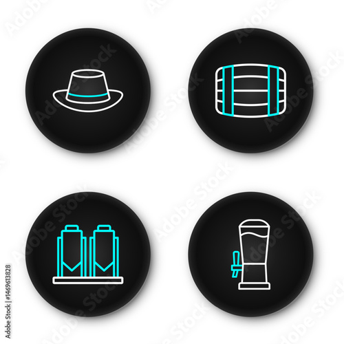 Set line Beer tap, brewing process, Wooden barrel and Oktoberfest hat icon. Vector