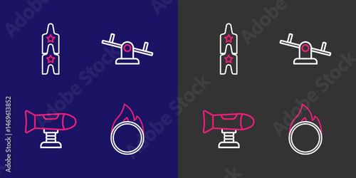 Set line Circus fire hoop, Swing plane, Seesaw and Boat swing icon. Vector