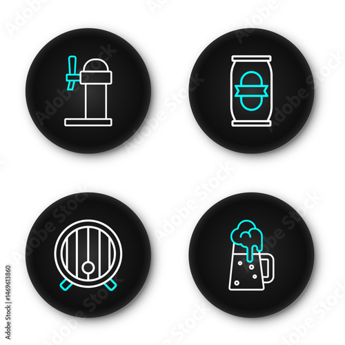 Set line Wooden beer mug, barrel, Beer can and Dispenser icon. Vector