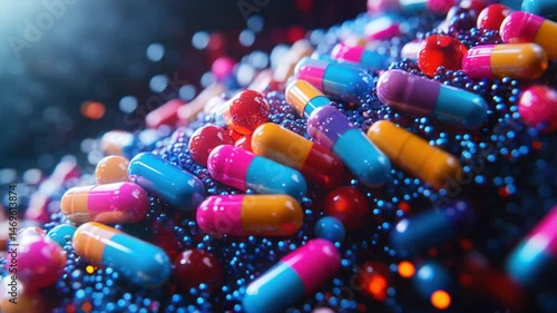 Colorful pills and capsules, densely packed,  creating a vibrant, medicine-themed abstract display.  Particles and highlights add depth and movement