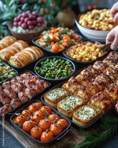 Festive buffet spread with assorted appetizers and side dishes