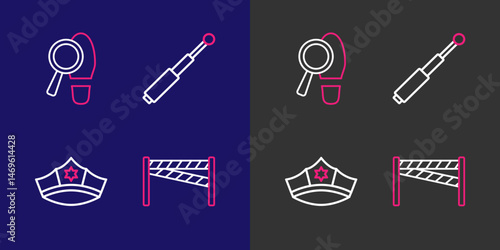 Set line Crime scene, Police cap with cockade, Telescopic baton and Footsteps icon. Vector