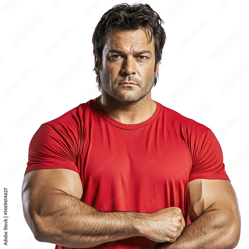 Fototapeta premium A strong male figure, showcasing muscular physique, wearing a red t-shirt with a serious expression. Ideal for fitness, strength, or motivational themes.