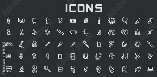 Collection of White Icons on Dark Background – Versatile Symbols for Graphic Design and User Interfaces