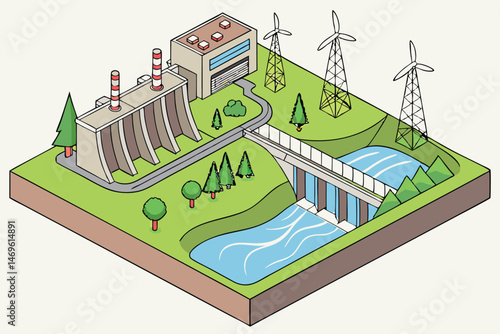 60 detailed 3d illustration, isometric view, hydroelectric dam, wind turbines, river, waterfall, power plant, countryside, lush green landscape, realistic environmental scenery