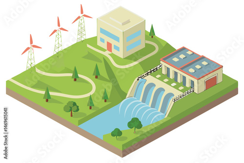 60 detailed 3d illustration, isometric view, hydroelectric dam, wind turbines, river, waterfall, power plant, countryside, lush green landscape, realistic environmental scenery