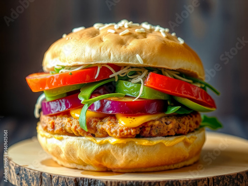 A hamburger with a lot of vegetables on it. The bun is slightly toasted and the meat is cooked