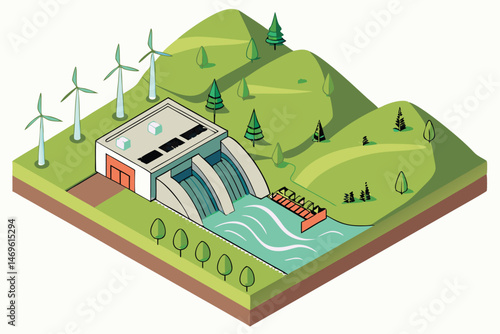 60 detailed 3d illustration, isometric view, hydroelectric dam, wind turbines, river, waterfall, power plant, countryside, lush green landscape, realistic environmental scenery