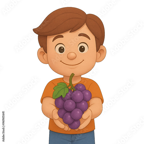 Child holding grapes kitchen illustration bright environment front view healthy eating concept