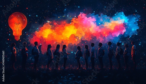 A group of people in profile view stands in a nighttime scene with a glowing light bulb.