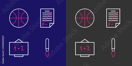 Set line Paint brush, Chalkboard, Exam paper with incorrect answers and Basketball ball icon. Vector