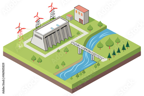 60 detailed 3d illustration, isometric view, hydroelectric dam, wind turbines, river, waterfall, power plant, countryside, lush green landscape, realistic environmental scenery