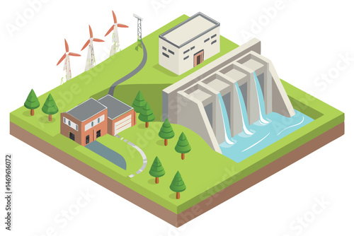 60 detailed 3d illustration, isometric view, hydroelectric dam, wind turbines, river, waterfall, power plant, countryside, lush green landscape, realistic environmental scenery