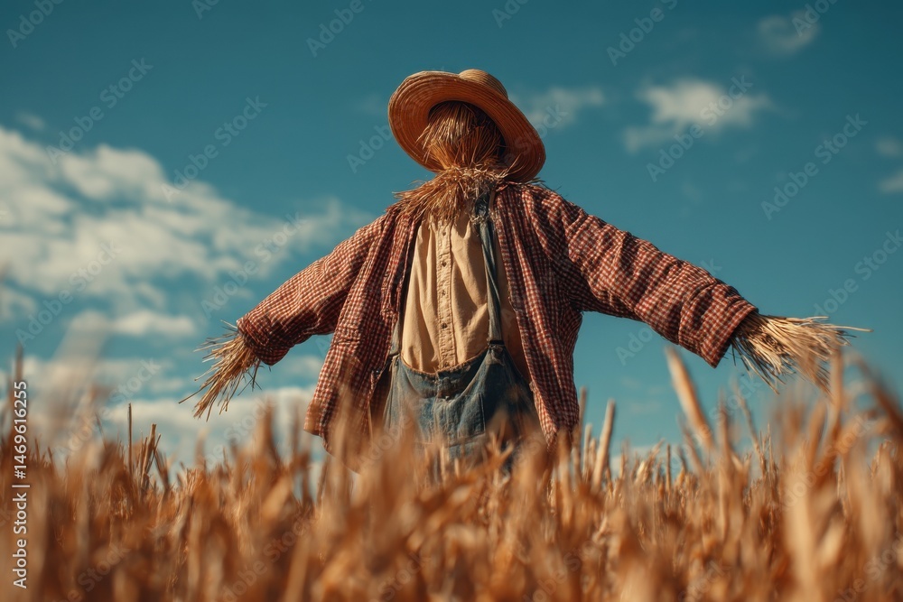 Detailed scarecrow stands sentinel amidst golden field against blue sky with light clouds during the agricultural season Detailed scarecrow stands sentinel amidst golden field against blue sky with light clouds during the agricultural season