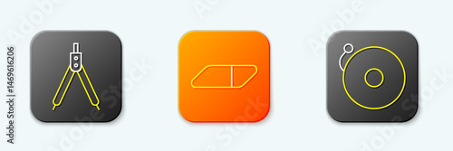 Set line Drawing compass, Eraser or rubber and Ringing alarm bell icon. Vector