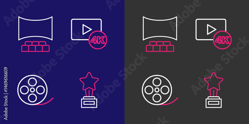 Set line Movie trophy, Film reel, Screen tv with 4k and Cinema auditorium screen icon. Vector