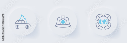 Set line Emergency call 911, Firefighter helmet and Burning car icon. Vector