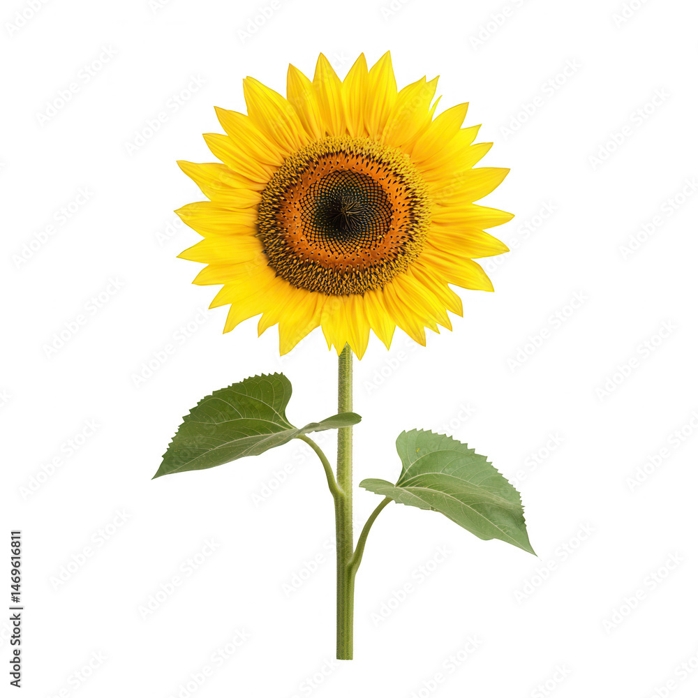 Obraz premium A vibrant sunflower with a striking yellow petals and a dark center, displaying its natural beauty against a white isolated background.