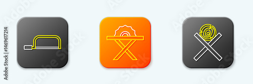 Set line Hacksaw, Electric circular and Wooden logs on stand icon. Vector
