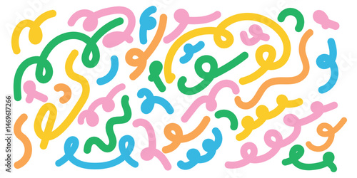 Colorful abstract squiggle lines in playful doodle style. Hand drawn vector illustration with curved shapes. Fun decorative elements isolated on white background.
