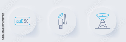 Set line Satellite dish, Usb wireless adapter and 5G internet icon. Vector
