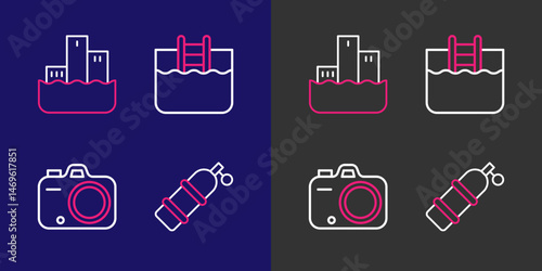 Set line Aqualung, Photo camera, Swimming pool with ladder and Winner podium icon. Vector