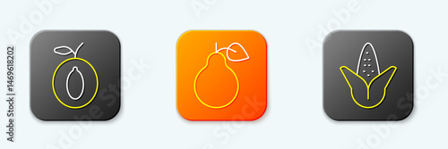 Set line Plum fruit, Pear and Corn icon. Vector