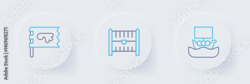 Set line Viking ship Drakkar, Antique treasure chest and flag icon. Vector