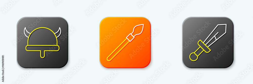Set line Viking in horned helmet, Medieval spear and sword icon. Vector Set line Viking in horned helmet, Medieval spear and sword icon. Vector