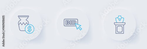 Set line Auction jewelry sale, Bid and ancient vase icon. Vector