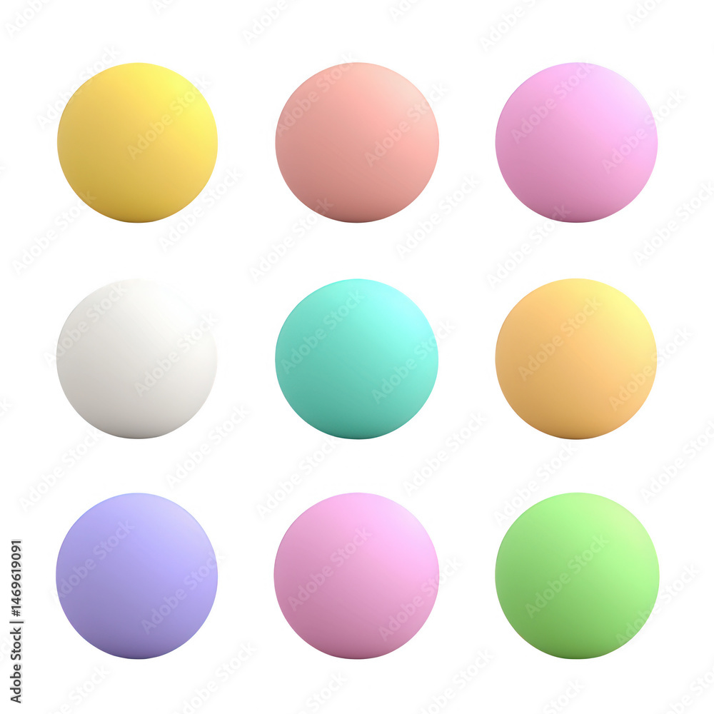 Collection of colorful spherical shapes in pastel tones arranged in a grid on a white background, perfect for design and decoration purposes. Collection of colorful spherical shapes in pastel tones arranged in a grid on a white background, perfect for design and decoration purposes.