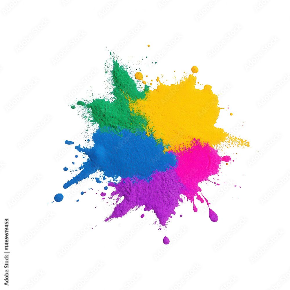 Fototapeta premium Colorful paint splashes in vibrant hues of yellow, blue, green, and pink against a white isolated background, perfect for creative projects and artistic designs.