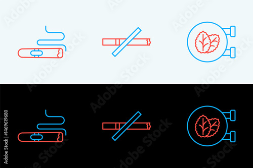 Set line Tobacco leaf shop, Cigar and No smoking icon. Vector