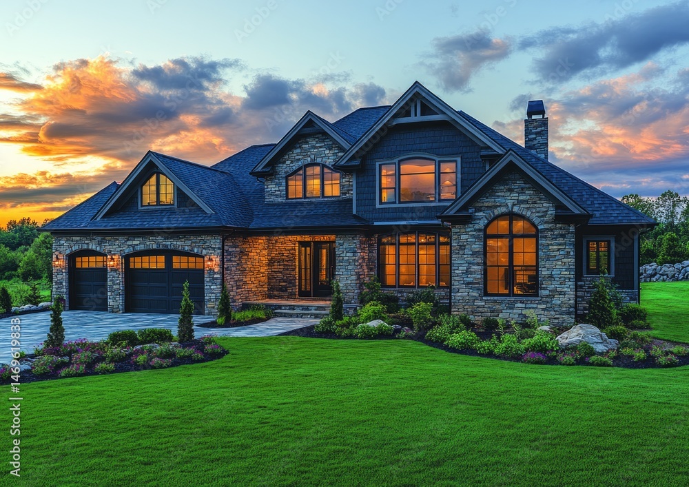 Large, stone home at sunset. Landscaped yard Large, stone home at sunset. Landscaped yard