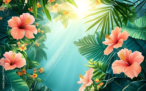 Tropical flowers and leaves, sunlight through foliage, decorative background, digital art, possible use for wallpaper or print