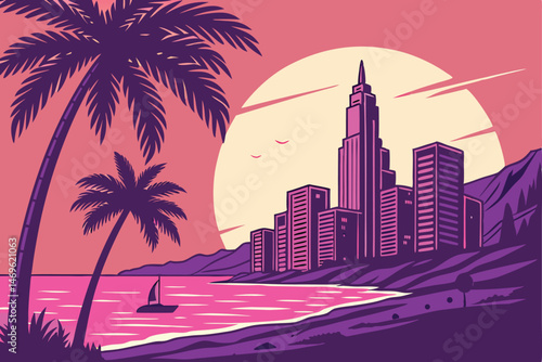 63 synthwave, retro futuristic, neon cityscape, glowing skyscrapers, palm trees, sunset over the ocean, vibrant colors, dramatic lighting, photorealistic, cinematic, 4K, highly detailed